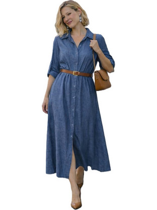 Φόρεμα μακρύ denim σεμιζιέ με ταμπά ζώνη one size (ΚΩΔ.ROL15 )