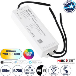 GLOBOSTAR(R) 71440 MiBOXER WP5-P150V24 AURORA RGB+CCT Smart Τροφοδοτικό Controller 5CH AC 100-240V σε DC 24V 6.25A 150W Max Αδιάβροχο IP67 - TUYA WiFi + Bluetooth + RF 2.4GHz + Push Dimming + Auto-Tra