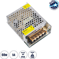 GloboStar(R) 73033 Μεταλλικό Τροφοδοτικό PELV για Προϊόντα LED 60W 5A - AC 220-240V σε DC 12V - IP20 - Μ11 x Π8 x Υ3.5cm