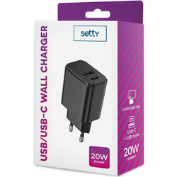 Setty USB / USB Type-C Wall Adapter Black GSM106082 20W