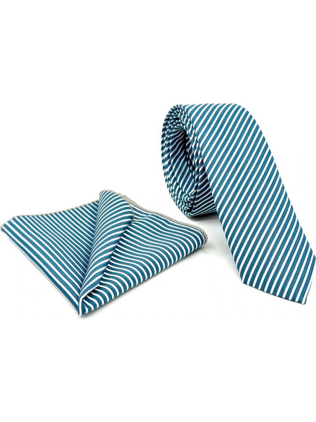 Πετρόλ Γραβάτα με Λεπτή Ρίγα Microfiber Σετ με Μαντήλι 6,5 cm