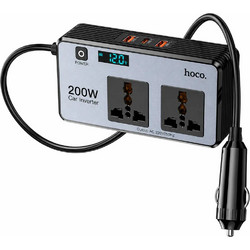 Φορτιστής Μετατροπέας 12V σε 220V Αυτοκινήτου Hoco Z66 με 2 Έξόδους 200W και 2xUSB-A 1xUSB-C 66W LED Display Καλώδιο 50cm Μαύρος