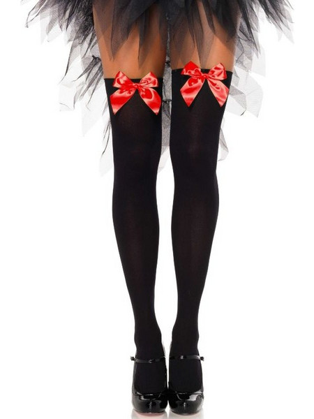 LEG AVENUE BLACK NYLON THIGH HIGHS WITH RED BOW ONE SIZE