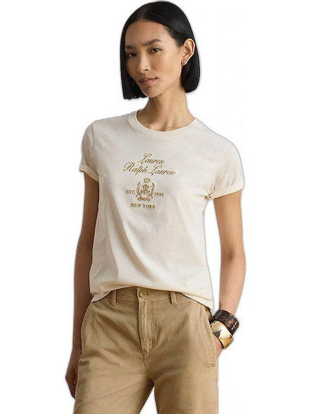 LAUREN RALPH LAUREN EMBROIDERED-CREST COTTON JERSEY T-SHIRT ΜΠΛΟΥΖΑ 200P13943002-MASCARPONE CREAM