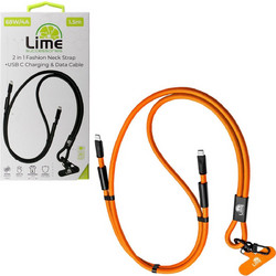 LIME SUCCESSORIES LIME 2 IN 1 FASHION NECK STRAP - USB-C TO USB-C 4A ΦΟΡΤΙΣΗΣ-DATA DURABLE BRAIDED 1.5m LSCC01 68W ORANGE