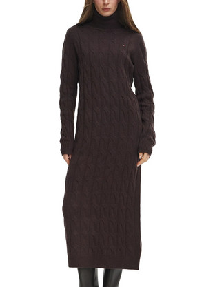 Tommy Hilfiger Pure Wool Cable Roll Neck Jumper Dress Φόρεμα Πλεκτό Chocolate