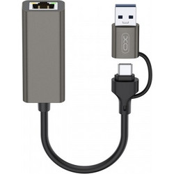 XO ADAPTER HUB 2w1 USB-USB-C - RJ45 gray