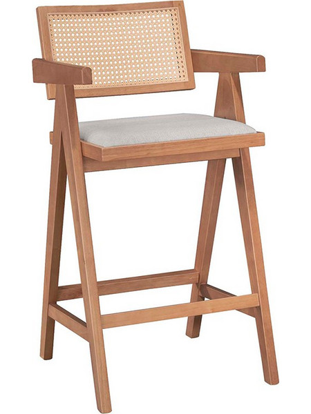 Σκαμπό bar Winslow pakoworld ξύλο rubberwood ανοικτό καρυδί-pvc rattan φυσικό-ύφασμα γκρι