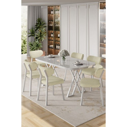 Dining Table & Chairs Set (7 Pieces) Axton White, Cream Fabric: Boucle
