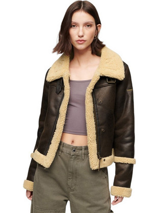 Superdry Γυναικείο Μπουφάν Χειμωνιάτικο Δερματίνη Μακρύ Καφέ W5011691A-04O
