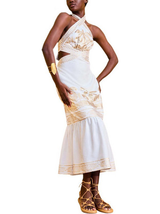 Lace Midi Καλοκαιρινό Φόρεμα για Γάμο / Βάπτιση Εκρού M-8513