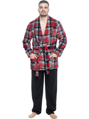 Koyote Χειμωνιάτικη Ανδρική Ρόμπα Fleece Καρό Μπορντό KG1306