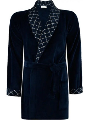Vamp Χειμωνιάτικη Ανδρική Ρόμπα Fleece Καρό Navy Μπλε 19607