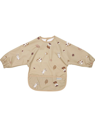 Meyco Baby Forest Animals Αδιάβροχη Σαλιάρα Ποδιά Υφασμάτινη με Αυτοκόλλητο Τσέπη & Μανίκια 4m+ Εκρού