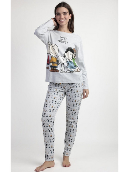 Admas Snoopy Σετ Γυναικείες Πιτζάμες Χειμωνιάτικες Βαμβακερές Γκρι 63428