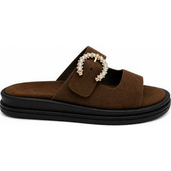 Elenross Γυναικεία Σανδάλια Suede με Στρας Σοκολατί GS10240W-BRO