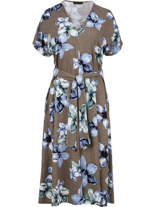 Conquista Midi Καλοκαιρινό Καθημερινό Φόρεμα Floral Λινό Καφέ C221-086-51