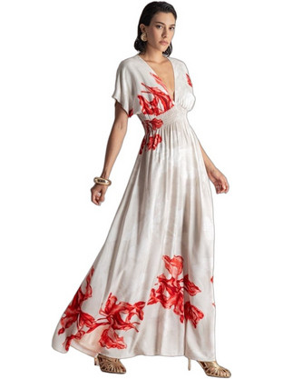 Moutaki Maxi Καλοκαιρινό Φόρεμα για Γάμο / Βάπτιση Floral Μεταξωτό Εκρού 26.07.51
