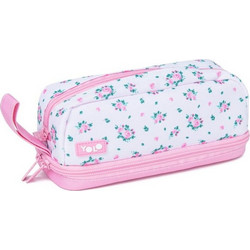 Yolo Pink Flowers Κασετίνα Βαρελάκι με 2 Θήκες Ροζ 90144