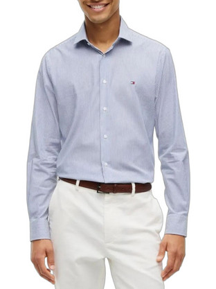 Tommy Hilfiger Ανδρικό Πουκάμισο Βαμβακερό Ριγέ Μακρυμάνικο Κανονική Γραμμή Γαλάζιο MW0MW43746-C7A