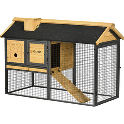 PawHut 2 Tier Spruce and Steel Hutch για κουνέλι εξωτερικού χώρου με αφαιρούμενο δίσκο, σπιτάκι κουνελιού και περιοχή τρεξίματος, 120x55,5x80 cm, κίτρινο και μαύρο D51-354V00BK
