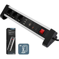Spacetronik SPS-T38BS Πολύμπριζο γραφείου με 3 θύρες USB και προστασία από υπέρταση, μαύρο-ασημί