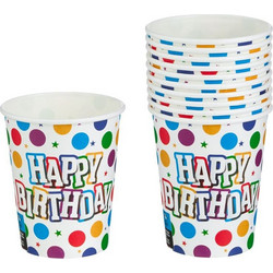 Ποτήρια Πάρτι Χάρτινα Χρωματιστά Πουά Happy Birthday 240ml - 10 τμχ