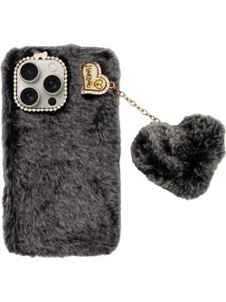 Vivid Fluffy Plush Case With Heart-Shaped Chain Apple Iphone 16 Pro Max Grey/Black - (CS-FR-1-2409003)