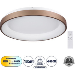 GloboStar(R) SALEM 61240 Πλαφονιέρα Οροφής Δαχτυλίδι-Κύκλος LED CCT 105W 12075lm 120 AC 220-240V - Εναλλαγή Φωτισμού μέσω Τηλεχειριστηρίου All In One Ψυχρό 6000k+Φυσικό 4500k+Θερμό 2700k Dimmable Φ60c