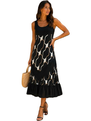Φόρεμα μαύρο με παρτούς ώμους και ethnic floral print (ΚΩΔ.ROL87)