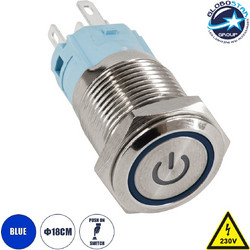 GloboStar(R) 70778 LED Φωτιζόμενος Διακόπτης Χωνευτός - Μπουτόν PUSH On Ανοξείδωτος AC 220-240V Αδιάβροχο IP67 Φ18mm με Angel Eye Μπλε
