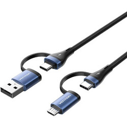 VENTION 4-in-1 Cotton Braided USB 2.0 Type-A Male + USB-C Male to USB-C Male + Micro Type-B Male 5A Cable 1M Blue Aluminum Alloy Type (CTLLF) (VENCTLLF)