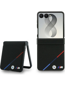 BMW M Leather Perforated Tricolor Stripe Metal Logos Θήκη για Samsung Galaxy Z Flip 8 Black