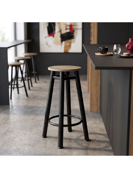 Σκαμπό μπαρ Onyx pakoworld ξύλο δρυς-μέταλλο μαύρο gloss Φ33x77εκ