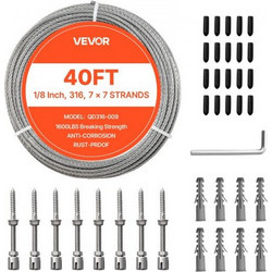VEVOR 3.2 mm Wire Rope Kit, 12.2 m Length, 316 Stainless Steel Wire Cable, 7.1 kN Breaking Strength, 7 x 7 Strands Construction, Steel Cable for Deck Railing System, Garden Trellis, String Lights