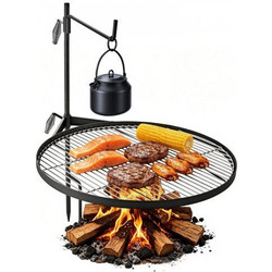 VEVOR Heavy Duty Swivel Campfire Grill, 62cm Round Portable Camping Grill Grate, Sturdy Steel BBQ Mesh, 360 Height Adjustable Over Fire Pit with Support Rod, for Outdoor Open Flame Cooking, Black