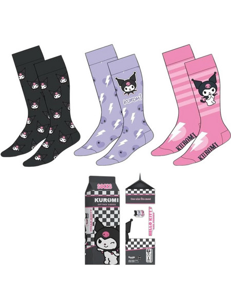 Hello Kitty Kuromi Βαμβακερές Γυναικείες Κάλτσες Μαύρες Λιλά Ροζ με Σχέδια 3Pack 8445484544657