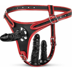 EasyToys Triple Harness Strap On με Τριπλό Dildo Μαύρο Κόκκινο