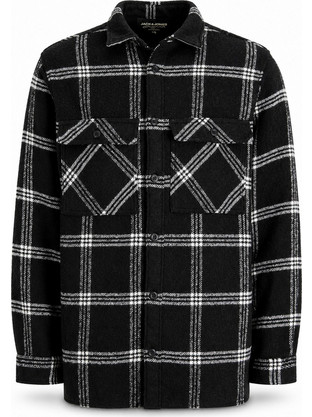 Jack & Jones Ανδρικό Πουκάμισο Βαμβακερό Καρό Μακρυμάνικο Κανονική Γραμμή Overshirt Μαύρο 12213398