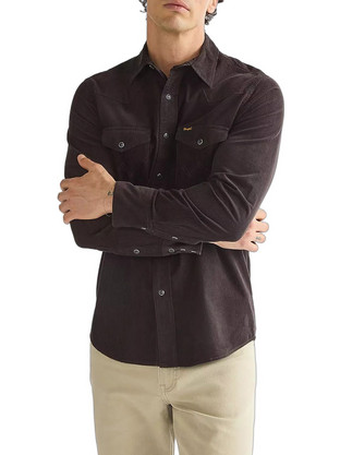 Wrangler Ανδρικό Πουκάμισο Κοτλέ Μακρυμάνικο Κανονική Γραμμή Καφέ 112386902
