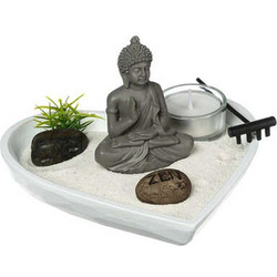 Επιτραπέζιο ξύλινο Zen Garden με Βούδα και άμμο, Βάση σε σχήμα Καρδιάς, 16.5x16x8.5 cm Λευκό - Aria Trade