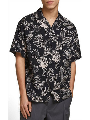 Jack & Jones Leaf Resort Whip Ανδρικό Πουκάμισο Βαμβακερό Φλοράλ Κοντομάνικο Φαρδιά Γραμμή Μαύρο