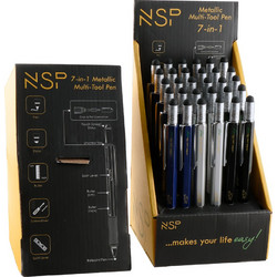 NSP STAND WITH 30 PCS NSP ΣΤΥΛΟ 7 IN 1 METALLIC MULTI-TOOL PEN BLACK/BLUE/RED