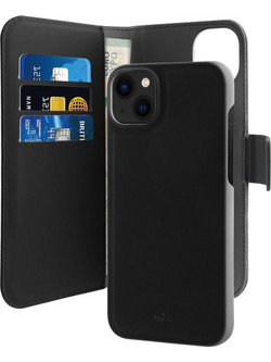 Puro Eco-Leather Case for iPhone 14 Plus W/horiz.flip+3 Card Slot+Banknote Pocket+Magn Cover Black