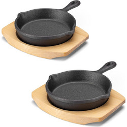 Navaris Mini Cast Iron Skillet With Wooden Base Set of 2 - Σετ με 2 Μίνι Τηγάνια από Μαντέμι / Χυτοσίδηρο με Βάσεις από Ξύλο Σημύδας - 10.2 cm - Black (60343.02)