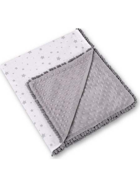 Double-sided blanket minky with pompoms - mini gray stars