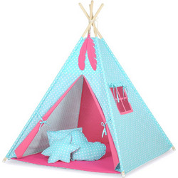 Teepee tent + decorative feathers- White dots on turquoise/dark pink