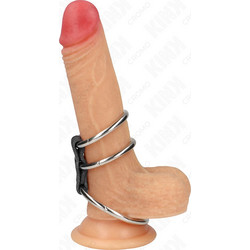 Kink Triple Metal Penis Ring with Leather 3.7cm D-241286 Ρυθμιζόμενα Δαχτυλίδι Πέους 3.7cm Μαύρο Ασημί