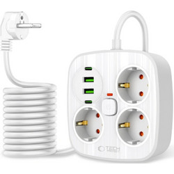 Πολύπριζο Tech-Protect PCS3X4 Power Strip με 3 x Υποδοχές AC 250V με Διακόπτη & Καλώδιο 200cm 2 x USB-A / 2 x Type-C 2.1A - White (5906302363421)