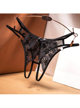Women Sexy Open Lace Thong Black